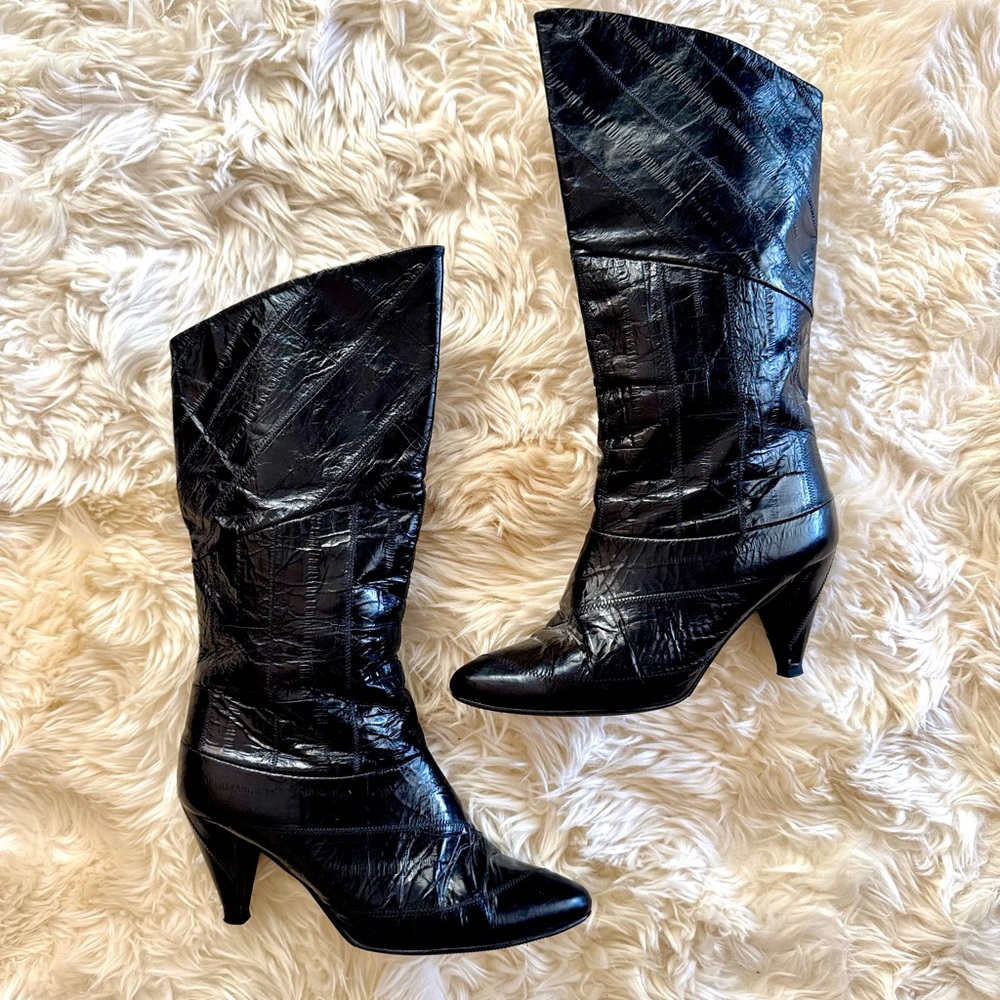 Women’s Vintage 1970’s Black Eel Skin Boots, 6 W